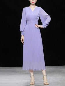 Purple Lantern Sleeve V Neck Chiffon Maxi Dress
