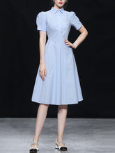 Load image into Gallery viewer, Blue Stripe Turn Down Collar 1950S Vintage Dress