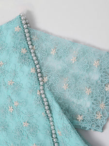 Vintage Teal Short Sleeve Pearl Neck Waist Embroidered Dress