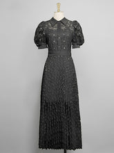 Load image into Gallery viewer, Black Bellflower Embroidered Design Long Lace Pleated Dress