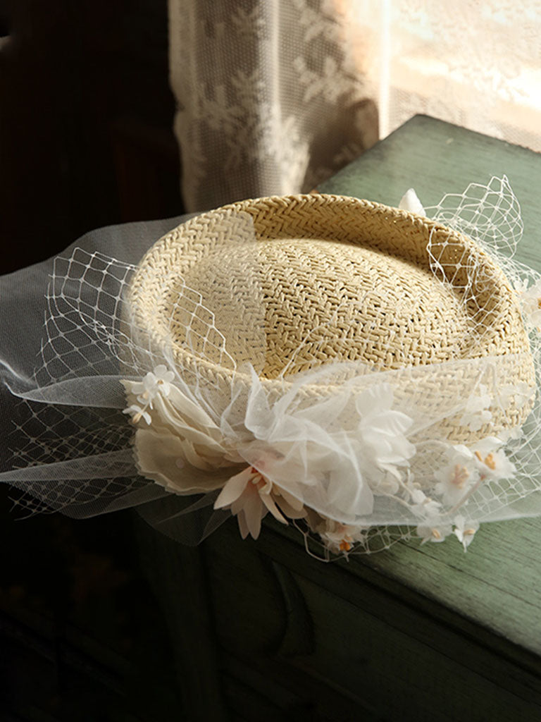 Straw Hat Beige With Flower Lace Tulle Vintage Hat – Jolly  display picture 2