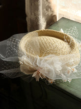 Load image into Gallery viewer, Straw Hat Beige With Flower Lace Tulle Vintage Hat