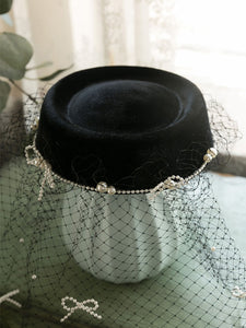 Black 1950S Pillbox Pearl Hat With Tulle