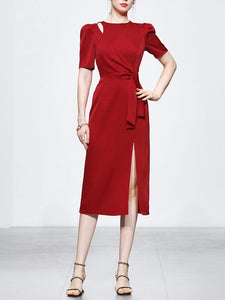Red Slim Fit Crew Neck Puff Sleeve Satin Dress Vintage Dress