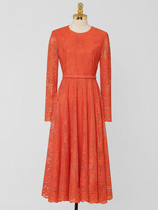1950s Crew Neck Long Sleeve Hepburn Swing Lace Dress