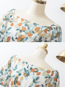 Floral Print Square Collar Puff Sleeve 1950S Dress