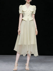 2PS Apricot V Neck Puff Sleeve Top And Irregular Gauze Skirt Set