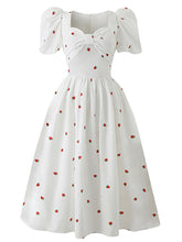 Load image into Gallery viewer, White Strawberry Bow Sweet Heart Collar Puff Sleeve Swing Fairy Dress