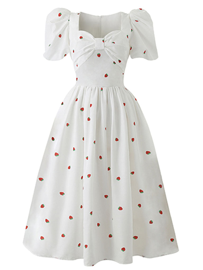 White Strawberry Bow Sweet Heart Collar Puff Sleeve Swing Fairy Dress
