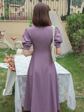 Load image into Gallery viewer, Lavender V Neck Puff Sleeve Swing Vintage Style 1940S Dress