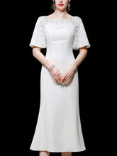 Load image into Gallery viewer, White Lace Short Sleeve Cape High Waist Fishtail Dress