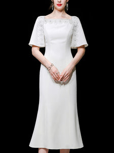 White Lace Short Sleeve Cape High Waist Fishtail Dress