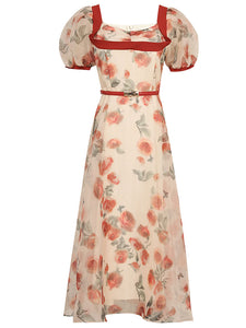 Romantic Rose Manor Retro Lantern Sleeve Wavy Organza Dress
