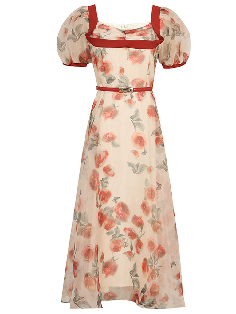 Romantic Rose Manor Retro Lantern Sleeve Wavy Organza Dress