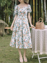 Load image into Gallery viewer, Floral Print Square Collar Puff Sleeve 1950S Dress