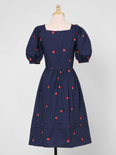 Load image into Gallery viewer, Navy Embroidered Vintage Square Neck Puff Sleeve Mini Dress
