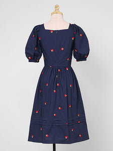 Navy Embroidered Vintage Square Neck Puff Sleeve Mini Dress