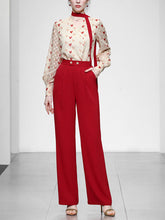 Load image into Gallery viewer, 2PS White And Red Sweet Heart V Neck Shirt And Red Wide-Leg Pants Set