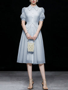 White Pearl Collar Romantic Floral Textured Shirt Dress
