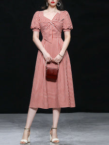 Plaid Short Sleeve Bow Cross Waist 1950S Vintage Dress
