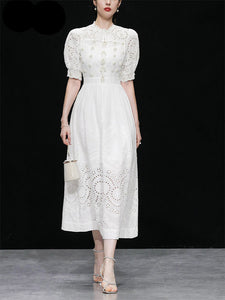 White Hollow Embroidered Pearl Puff Sleeve Lace Sweet Vintage Princess Dress