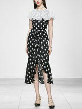 Load image into Gallery viewer, Black And White Polka Dot Vintage Lotus Leaf Cape Waist Slim Elegant Fishtail Dress