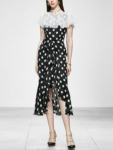 Black And White Polka Dot Vintage Lotus Leaf Cape Waist Slim Elegant Fishtail Dress