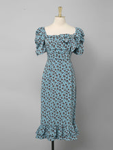 Load image into Gallery viewer, Blue Vintage Puff Sleeve Ruffled Floral Print Bow Summer Dress