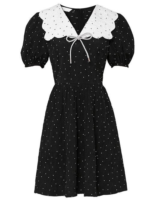 Polka Dot Doll Collar Puff Sleeves Mini Black Dress Vintage Style