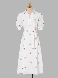 White Embroidered Shirt Lapel 1950S Comfortable Cotton Vintage Dress