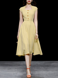 Retro Square Collar Hepburn Style Waist-length High-waisted Vintage 1950S Dress