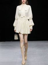 Load image into Gallery viewer, 2PS Apricot Lantern Sleeves Pearl Bow Ribbon Shirt With Pleated Short Skirt Suit