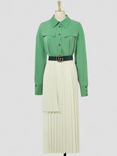 Load image into Gallery viewer, 2PS Green Vintage Lapel Shirt With Apricot Pleated Skirt Suit