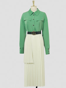 2PS Green Vintage Lapel Shirt With Apricot Pleated Skirt Suit