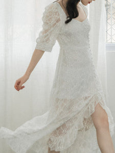 White Lace Ruffled Half Sleeve Square Neck Side Slit Fairy Dress