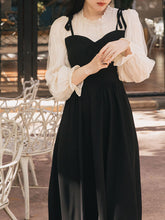 Load image into Gallery viewer, Black Spaghetti Strap Long Sleeve Fake Two Pieces Swing Vintage Dress