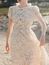 Load image into Gallery viewer, Apricot Ruffled Crewneck Floral Print Chiffon Retro 1950S Cottagecore Dress