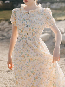 Apricot Ruffled Crewneck Floral Print Chiffon Retro 1950S Cottagecore Dress