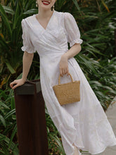Load image into Gallery viewer, White Double Neck Puff Sleeve Wrap Dress