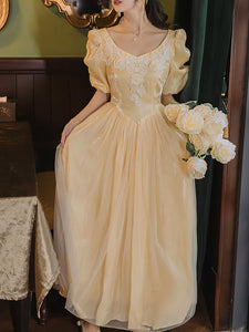 Yellow Lace V Neck Vintage Princess Puff Sleeve Maxi Evening Dress