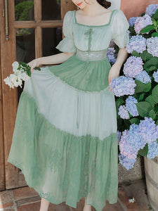 Green Square Collar Garden Vintage Dress