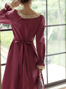 Rose Ruffles Fall Long Sleeve Vintage Cotton Dress