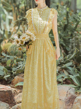 Load image into Gallery viewer, Yellow Floral Print Fuffles Vintage Princess Chiffon Maxi Dress