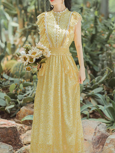 Yellow Floral Print Fuffles Vintage Princess Chiffon Maxi Dress