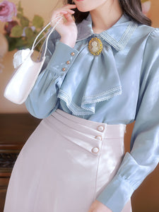 2PS Light Blue Victorian Scarf Neck Shirt And White Swing Skirt Suit