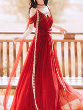 Load image into Gallery viewer, Red Bling Off Shoulder Lace Belt Maxi Dress Vintage Style Dress