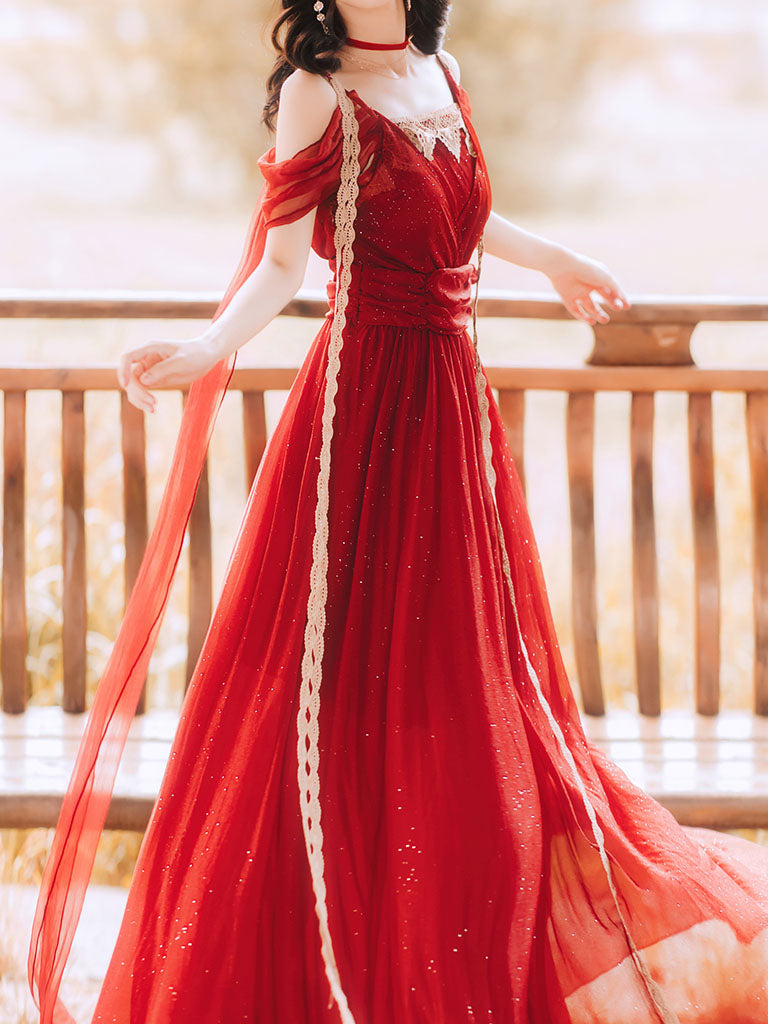 Red Bling Off Shoulder Lace Belt Maxi Dress Vintage Style Dress