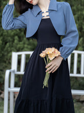 Load image into Gallery viewer, 2PS Black Spaghetti Strap 50S Vintage Dress With Blue Lapel Jacket Set