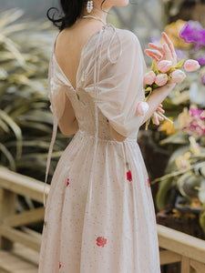 White Rose Polka Dots Deep V Neck Butterfly Sleeve Vintage Dress