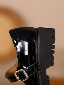 Black Women's Platform Shoes Square Toe Leather Vintage Shoes
